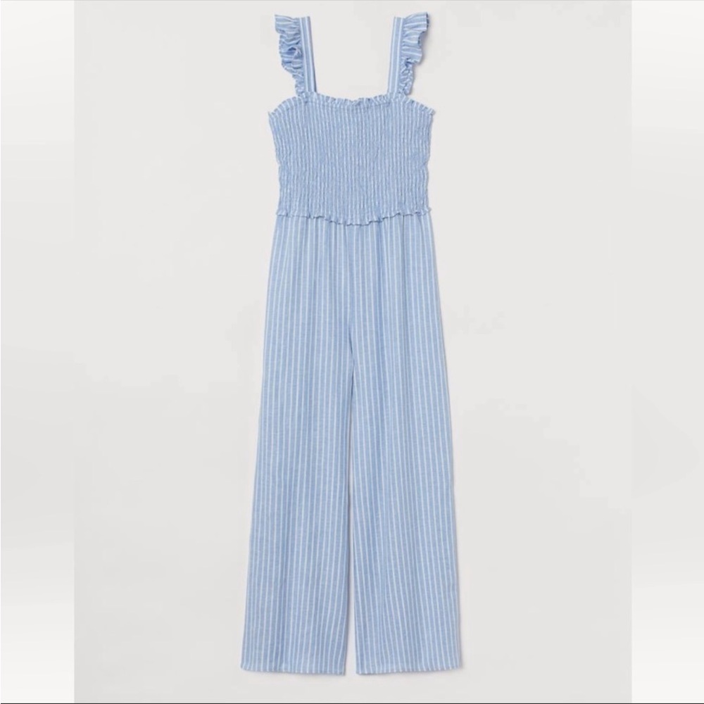 H&M White and Blue Stripe Smocked Jumpsuit